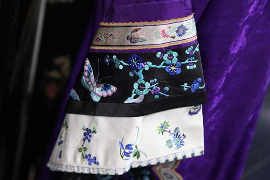 A Chinese embroidered purple satin robe, drop 4ft 6in approx.